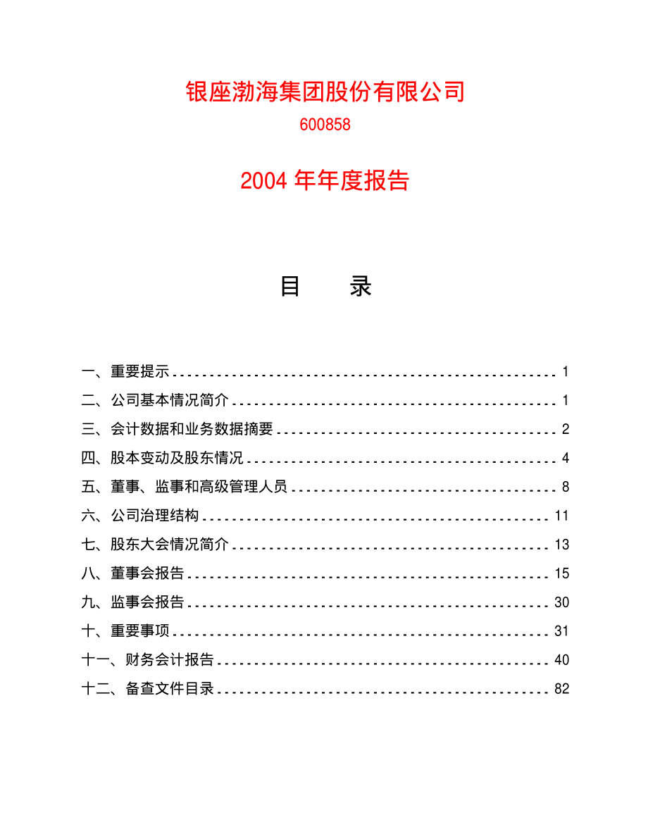 600858_2004_银座股份_ST渤海2004年年度报告_2005-04-17.pdf_第1页