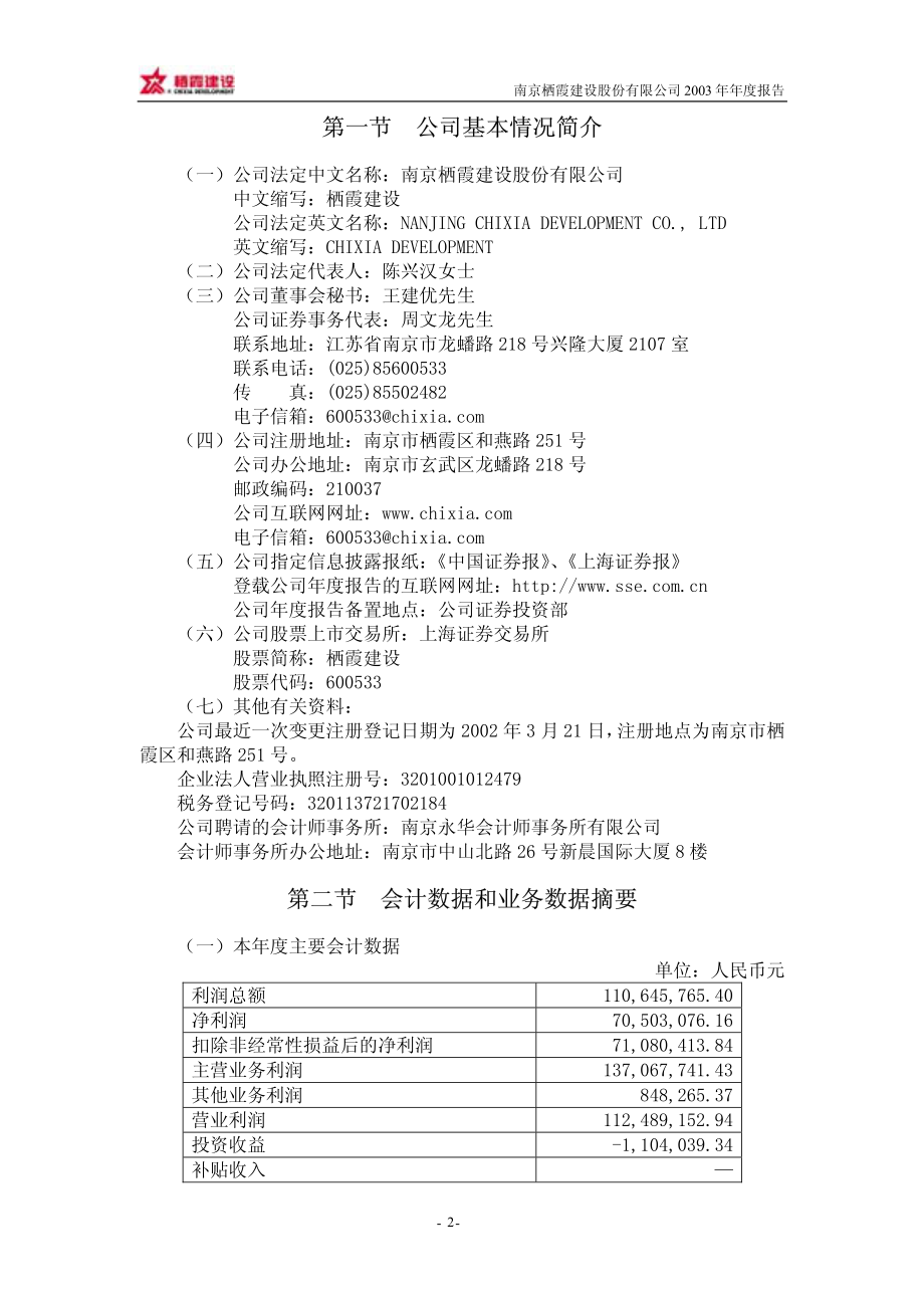 600533_2003_栖霞建设_栖霞建设2003年年度报告_2004-03-25.pdf_第3页