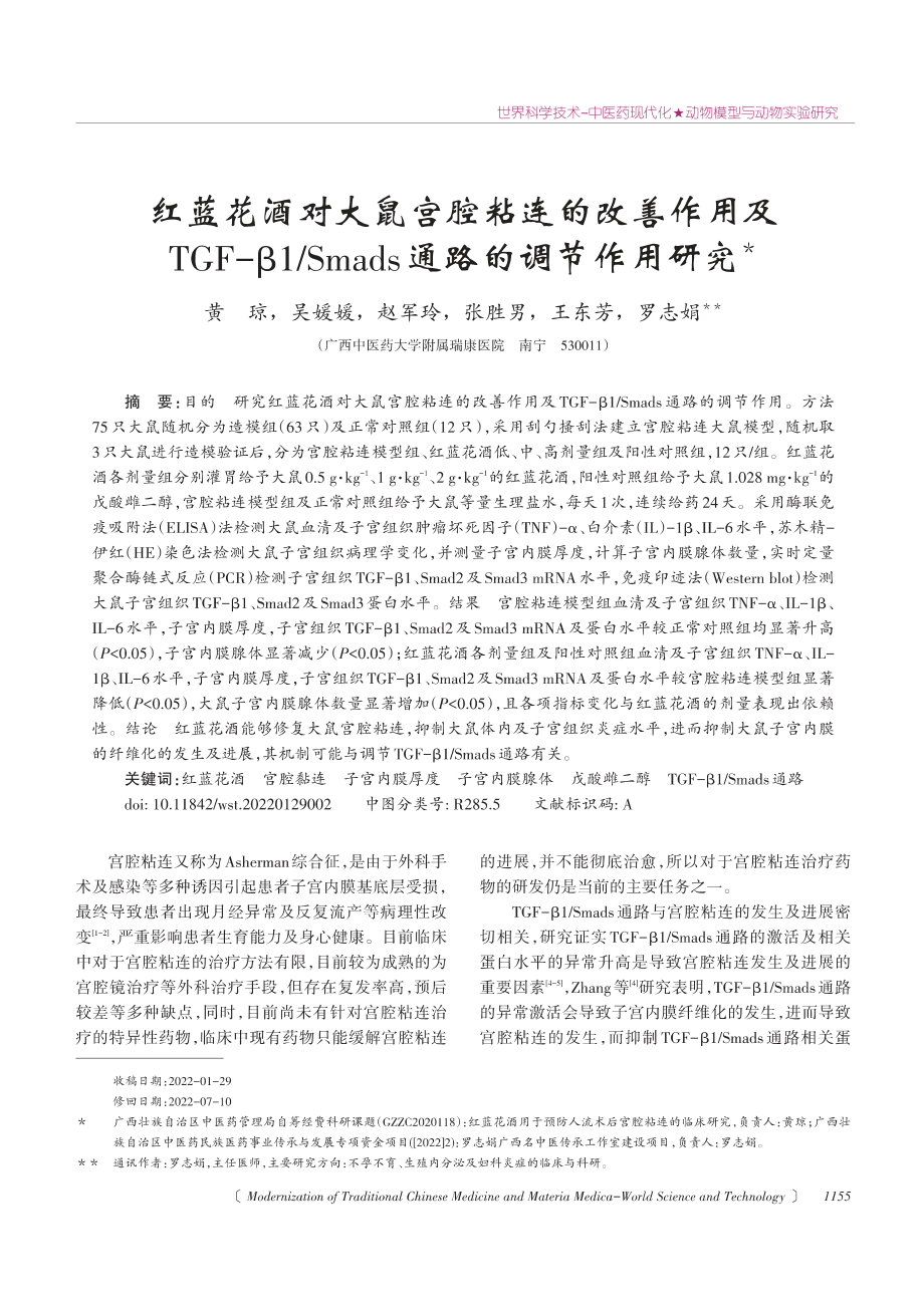 红蓝花酒对大鼠宫腔粘连的改善作用及TGF-β1_Smads通路的调节作用研究.pdf_第1页