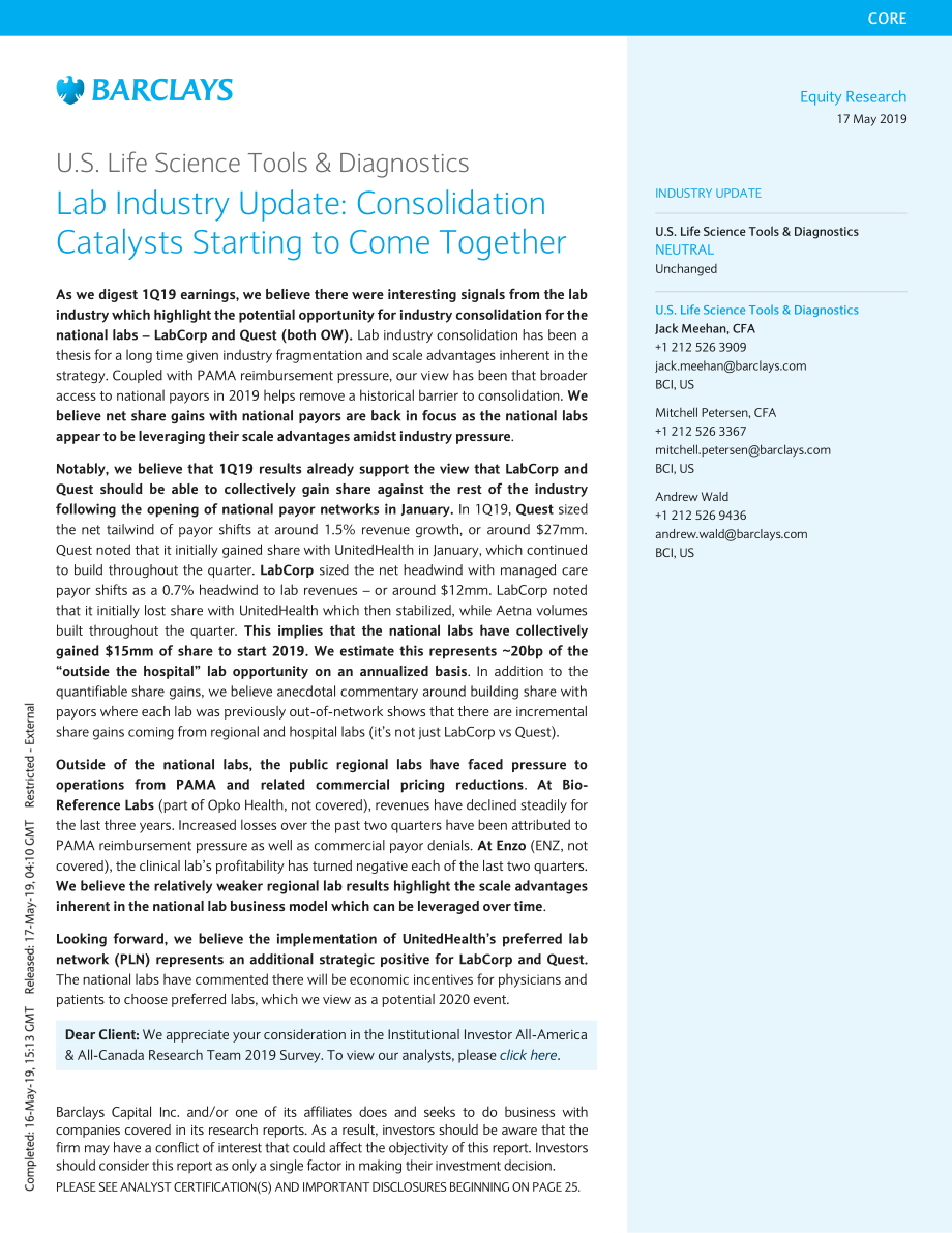 巴克莱-美股-医疗保健行业-美国生命科学与诊断：实验室产业更新-2019.5.17-32页 (2).pdf_第1页