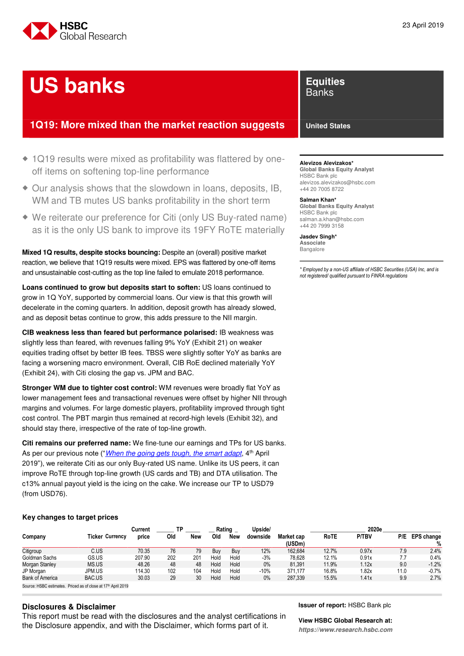 汇丰银行-美股-银行业-2019年Q1美国银行业：比市场反应所显示的更为复杂-2019.4.23-45页.pdf_第1页