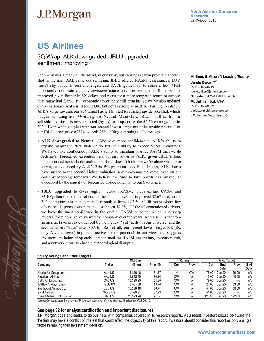 J.P. 摩根-美股-航空业-2019年三季度美国航空业总结：ALK降级JBLU评级上调-2019.10.28-34页.pdf_第1页