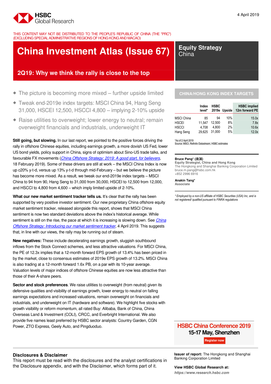 汇丰银行-中国-股票策略-中国投资地图2019Q2：为什么我们认为反弹接近顶部-2019.4.4-40页.pdf_第1页