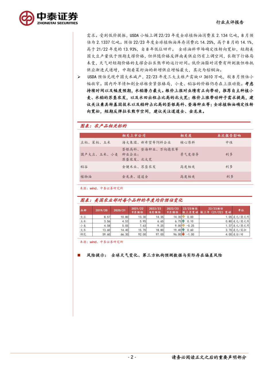 20220913-中泰证券-农林牧渔行业2022年9月USDA供需报告点评：中国大米产需缺口放大印度大米出口减少.pdf_第2页