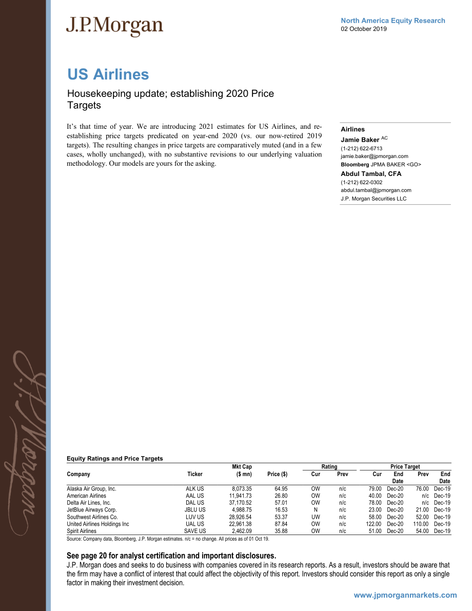 J.P. 摩根-美股-航空业-美国航空业：制定2020年价格目标-2019.10.2-22页.pdf_第1页