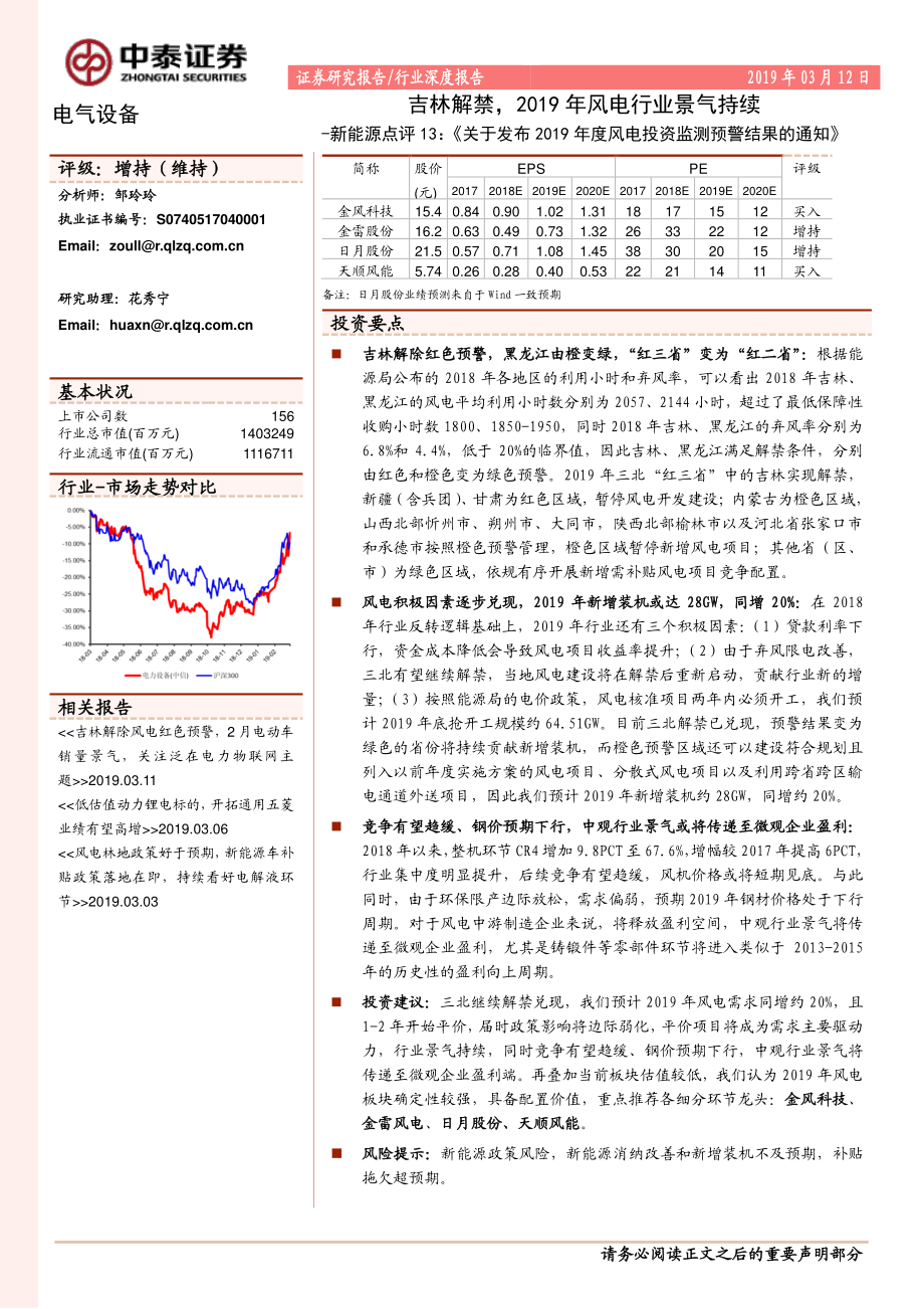 电气设备行业新能源点评13：《关于发布2019年度风电投资监测预警结果的通知》吉林解禁2019年风电行业景气持续-20190312-中泰证券-15页 (2).pdf_第1页