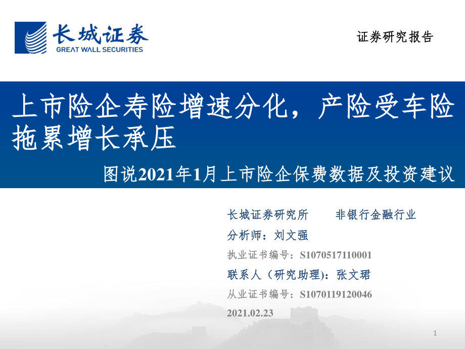 非银行金融行业图说2021年1月上市险企保费数据及投资建议：上市险企寿险增速分化产险受车险拖累增长承压-20210223-长城证券-31页.pdf_第1页