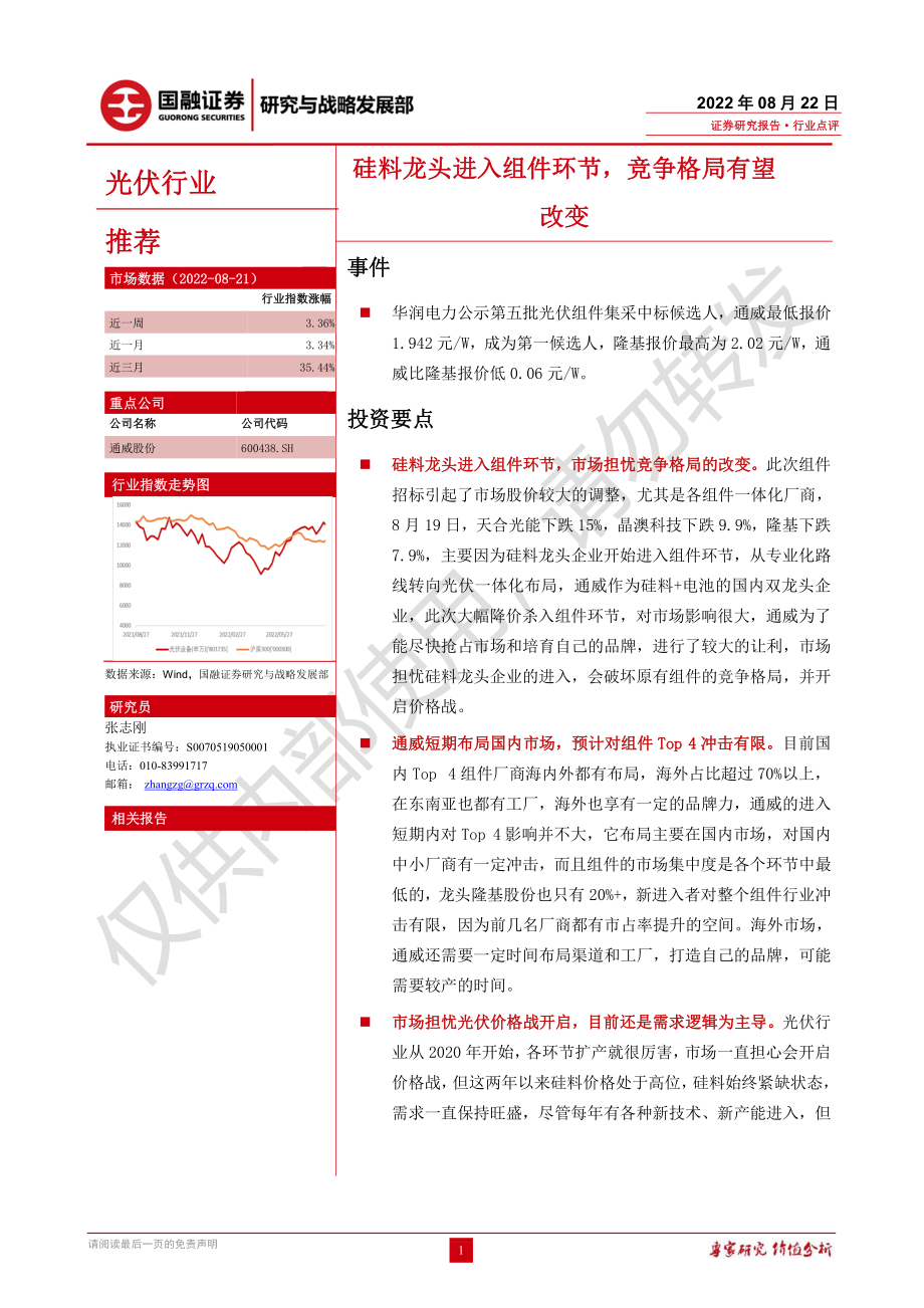 20220822-国融证券-光伏行业：硅料龙头进入组件环节竞争格局有望改变.pdf_第1页