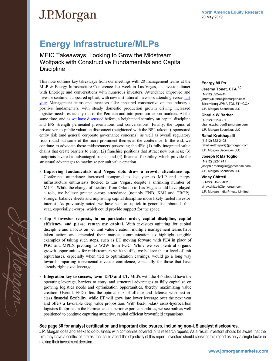 J.P. 摩根-美股-能源行业-能源基础设施与MLPs：MEIC会议要点-2019.5.20-33页.pdf_第1页