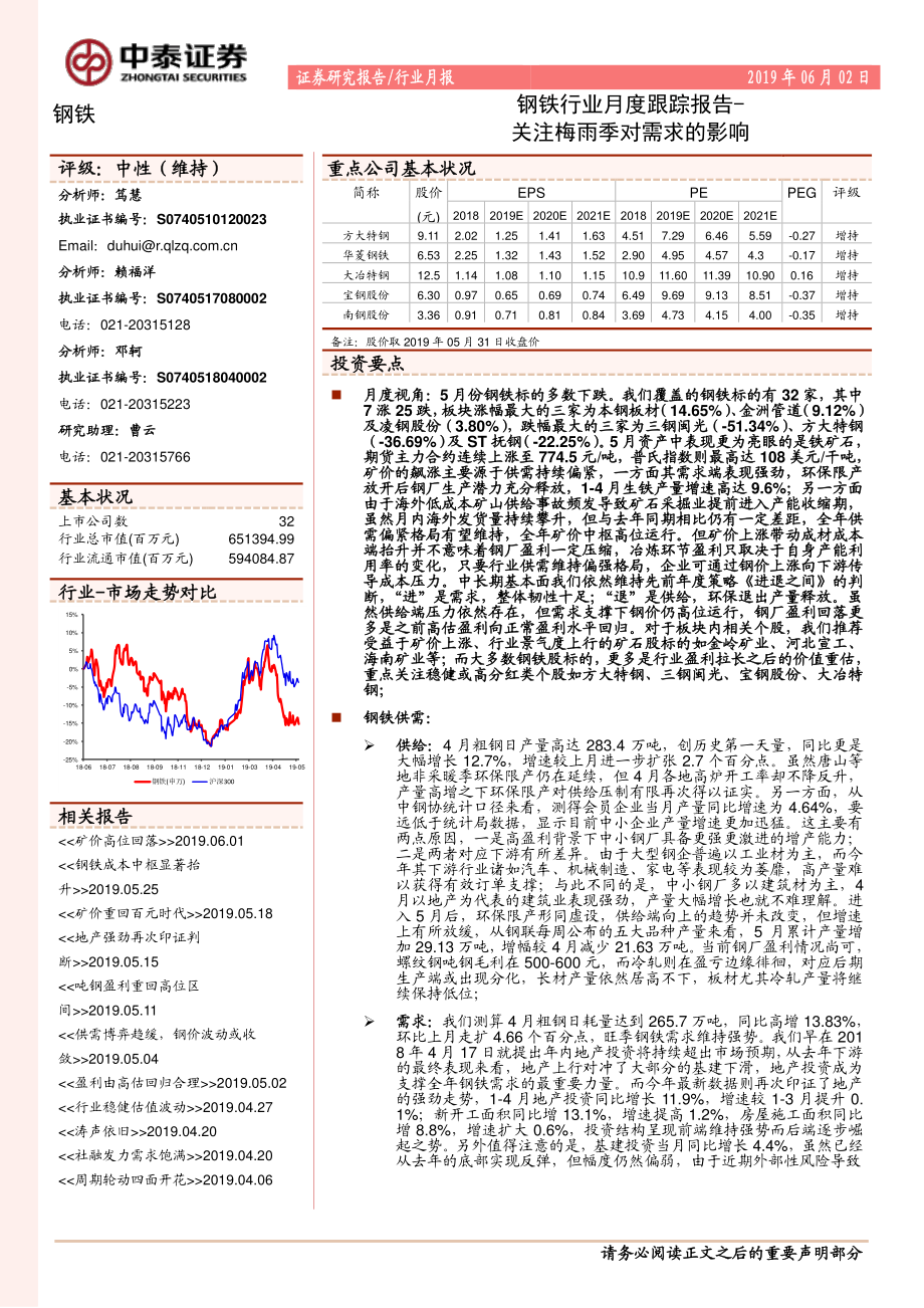 钢铁行业月度跟踪报告：关注梅雨季对需求的影响-20190602-中泰证券-20页.pdf_第1页