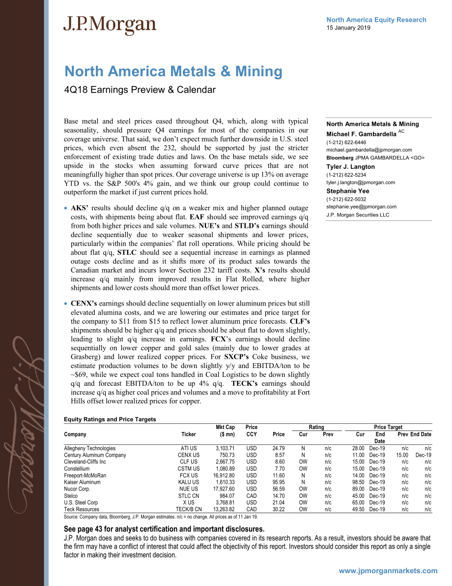 J.P. 摩根-美股-金属与采矿业-北美金属与采矿业2018年Q4盈利预览-2019.1.15-46页.pdf_第1页