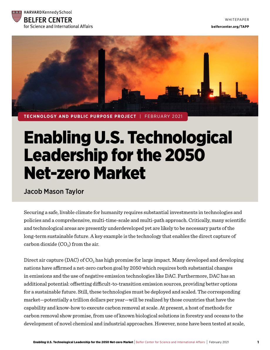 哈佛肯尼迪学院-使美国在2050年净零碳市场中处于技术领先地位（英文）-2021.2-10页.pdf_第1页