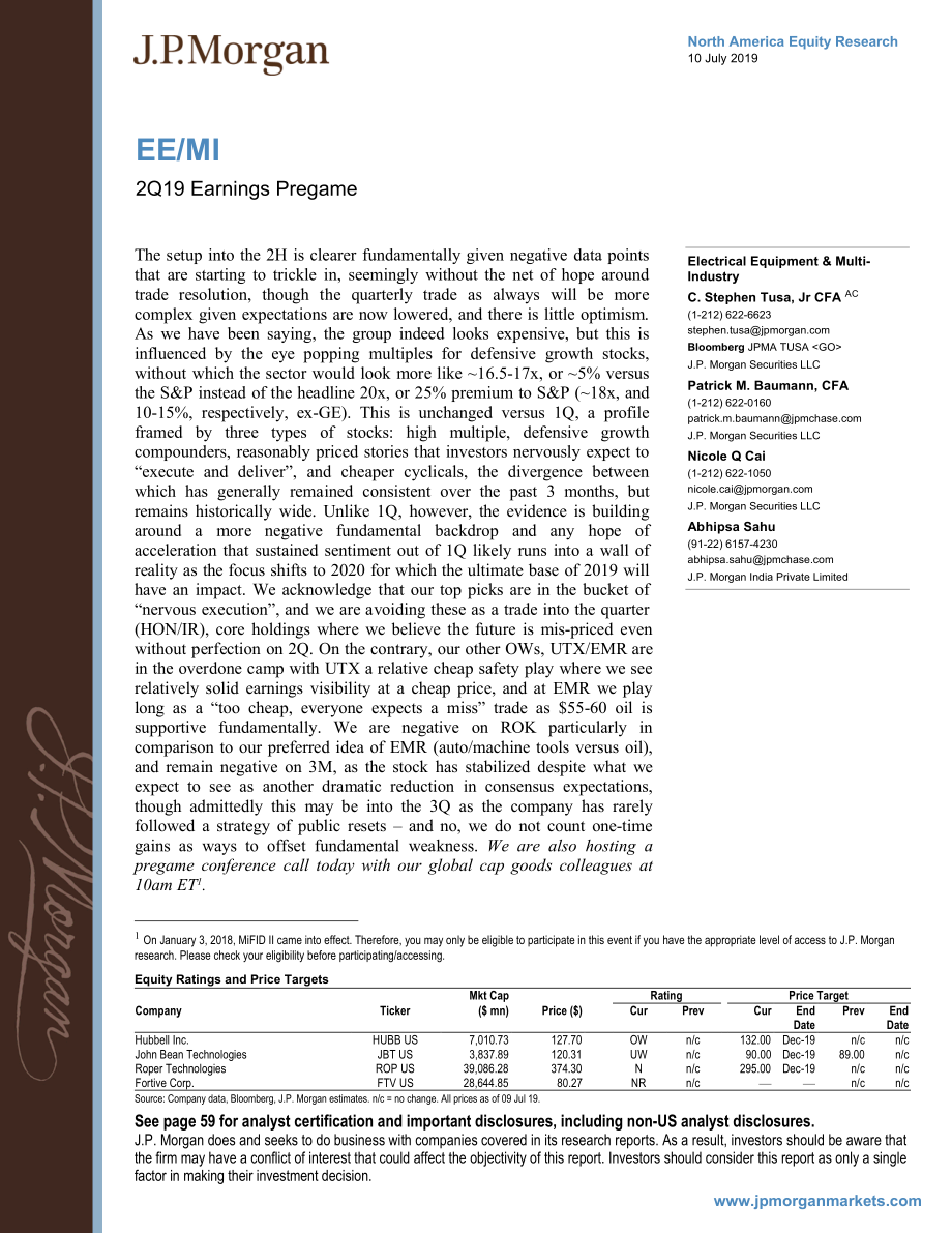 J.P. 摩根-美股-电力设备行业-美国电力设备与多产业2019年Q2业绩预览-2019.7.10-65页 (2).pdf_第1页