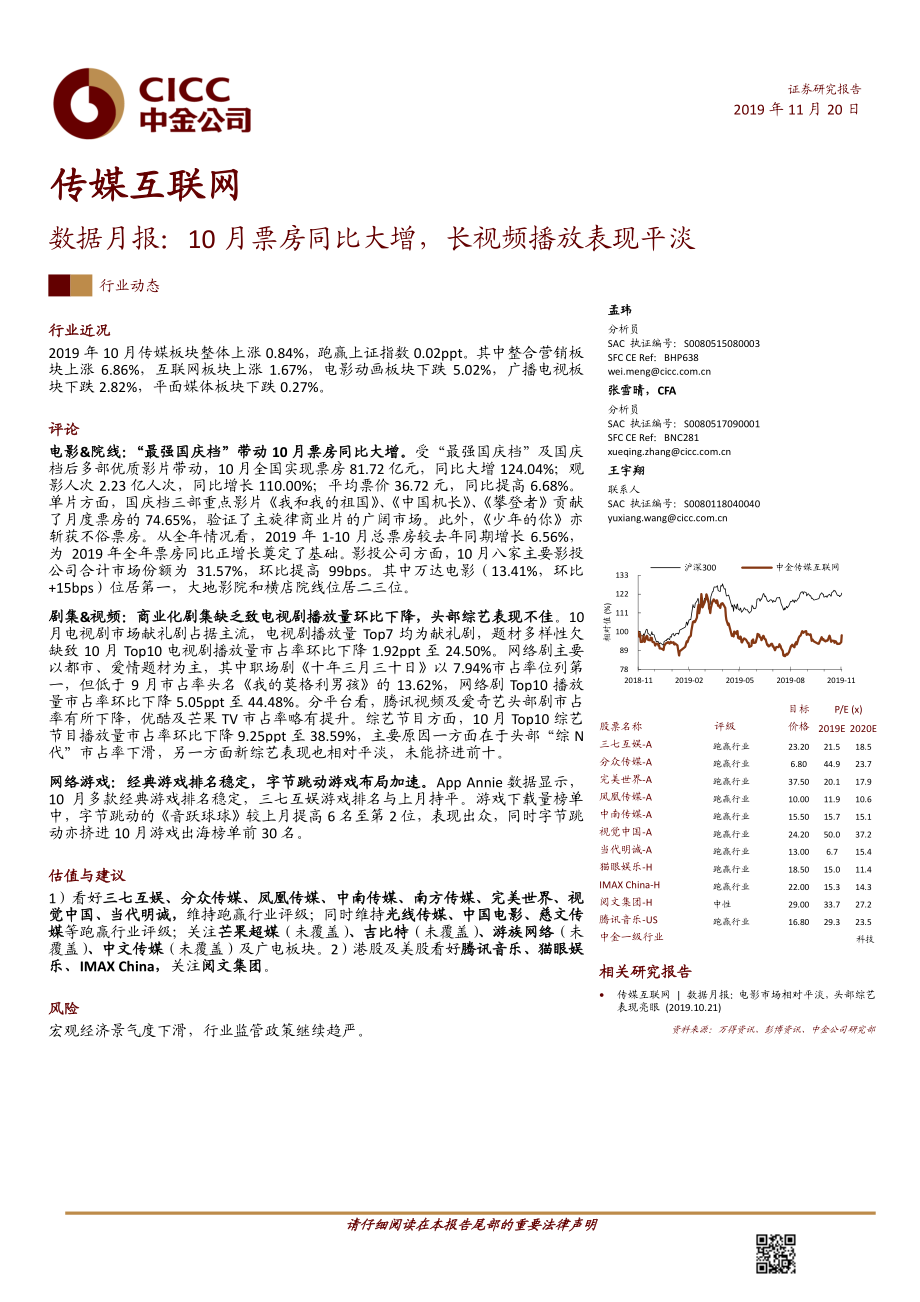 传媒互联网行业数据月报：10月票房同比大增长视频播放表现平淡-20191120-中金公司-18页.pdf_第1页