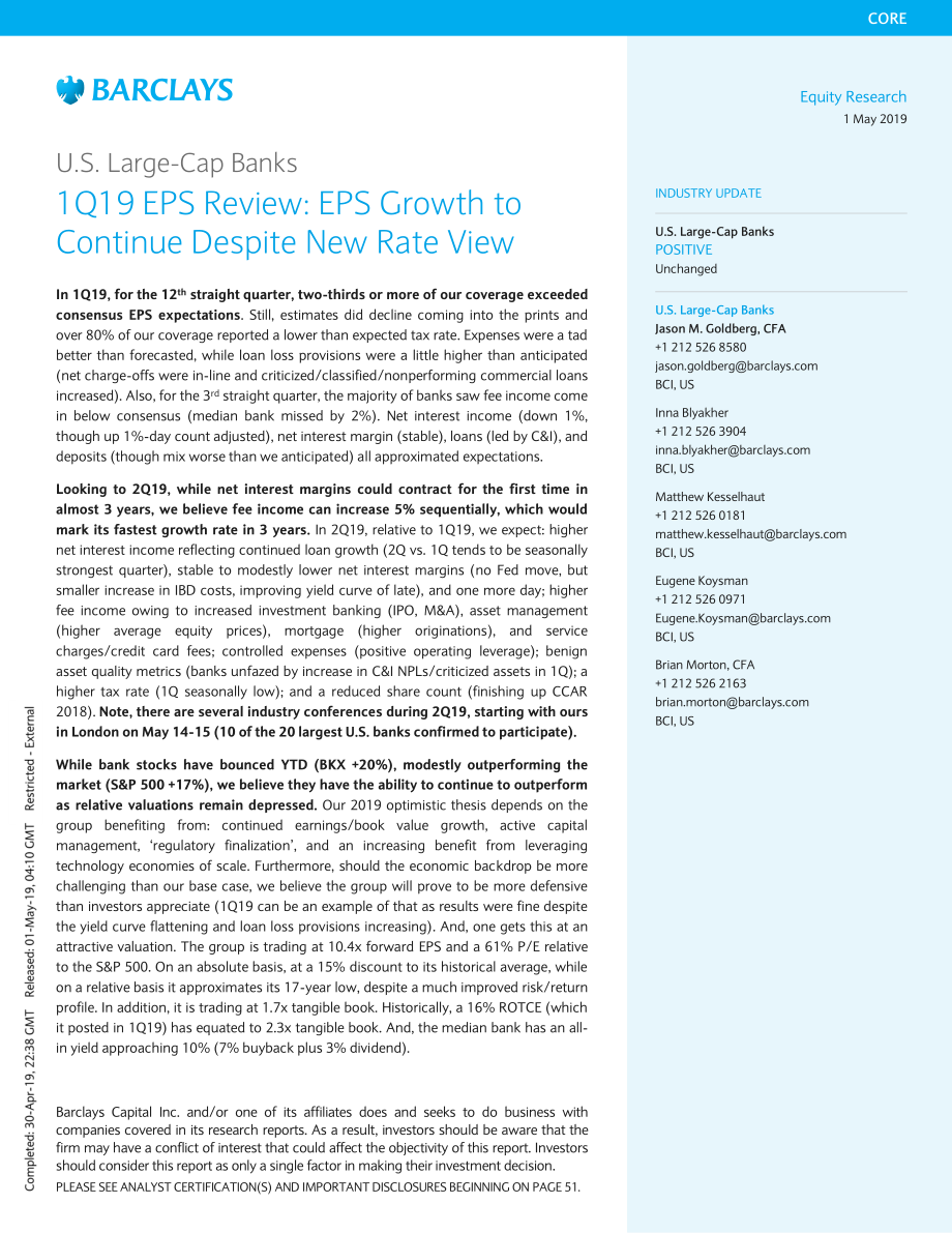 巴克莱-美股-银行业-2019年Q1美国大型银行业EPS回顾-2019.5.1-57页.pdf_第1页