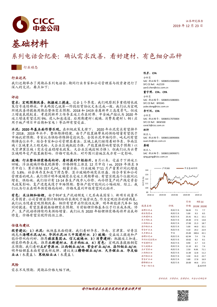 基础材料行业系列电话会纪要：确认需求改善看好建材、有色细分品种-20191223-中金公司-12页.pdf_第1页