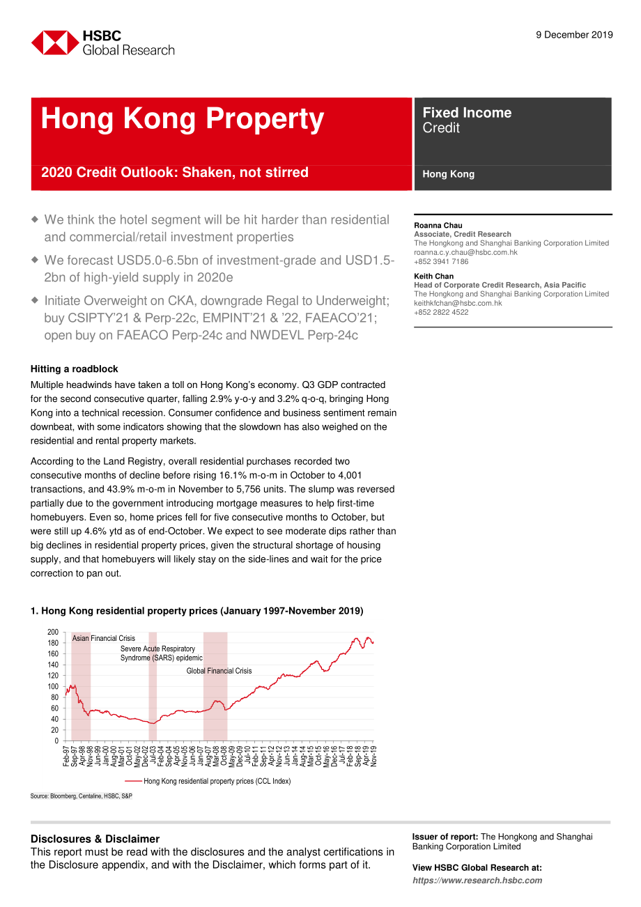汇丰银行-港股-信贷策略-香港房地产业2020年信贷展望：动摇而不仅仅是搅动-2019.12.9-30页.pdf_第1页
