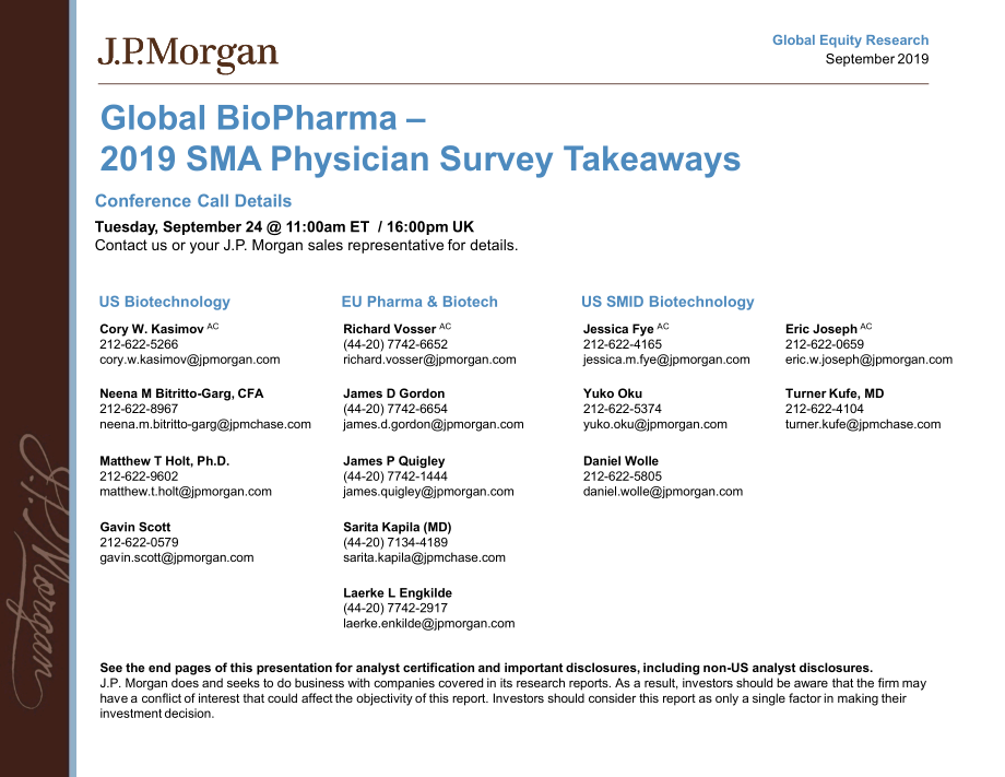 J.P. 摩根-全球-生物制药行业-全球生物制药：2019年SMA医师调查结果-2019.9-43页.pdf_第1页