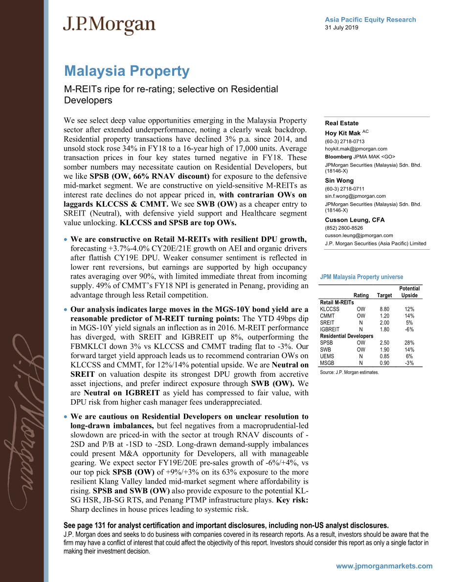 J.P. 摩根-亚太地区-房地产行业-马来西亚房地产：M-REITs重新评级的时机已经成熟-2019.7.31-134页.pdf_第1页