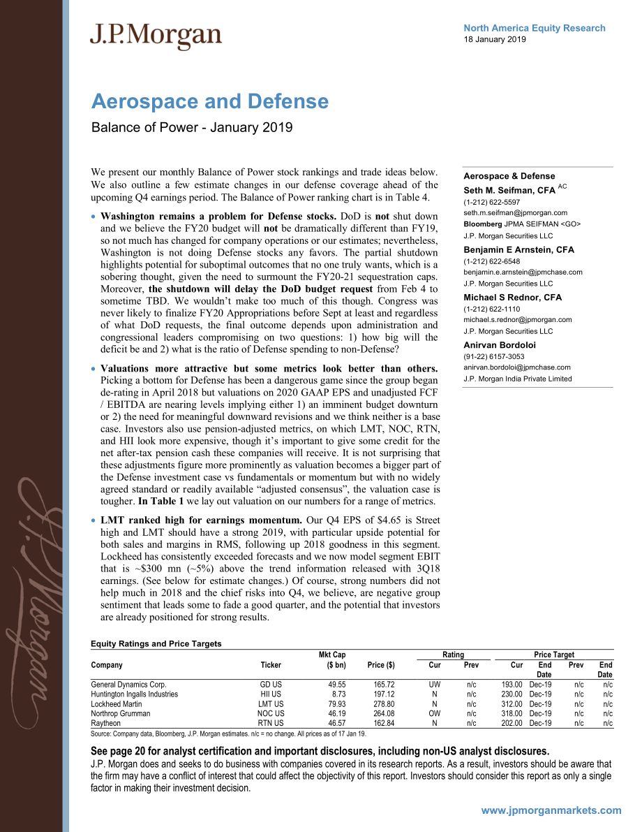 J.P. 摩根-航空航天与国防行业-美国航空航天与国防：力量平衡-2019.1.18-26页.pdf_第1页
