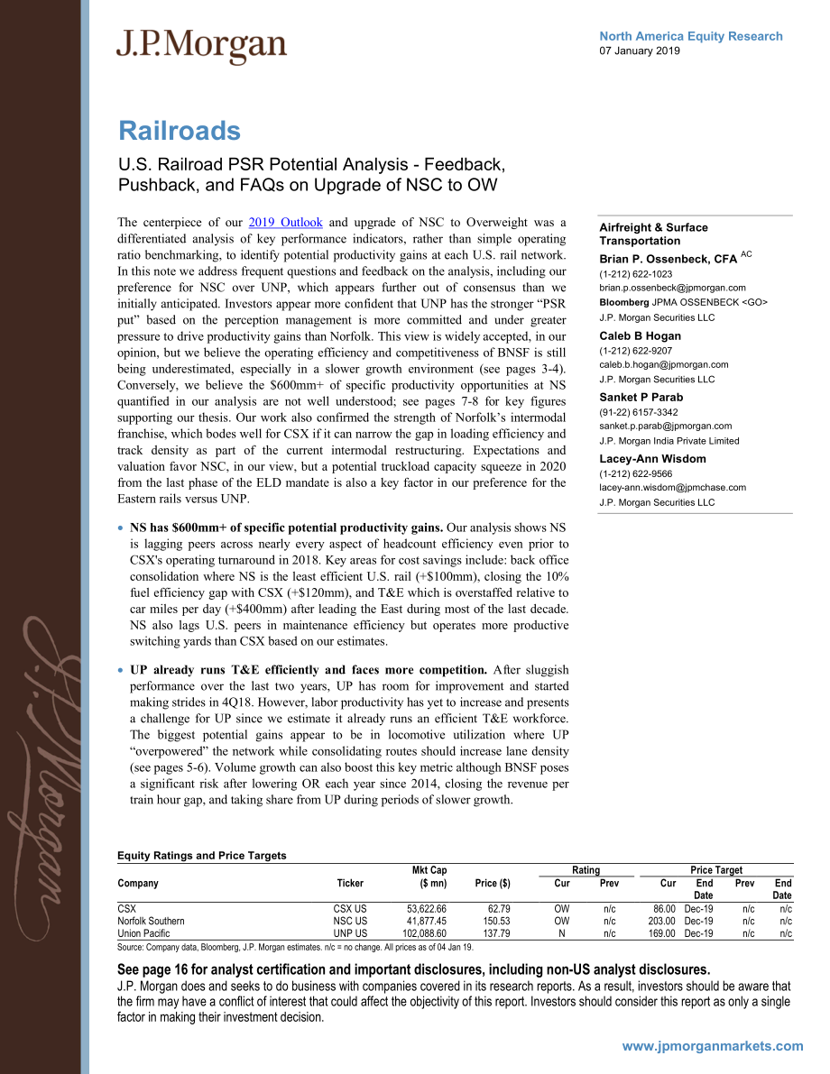 J.P. 摩根-美股-铁路运输业-美国铁路运输：美国铁路PSR潜力分析-2019.1.7-21页.pdf_第1页