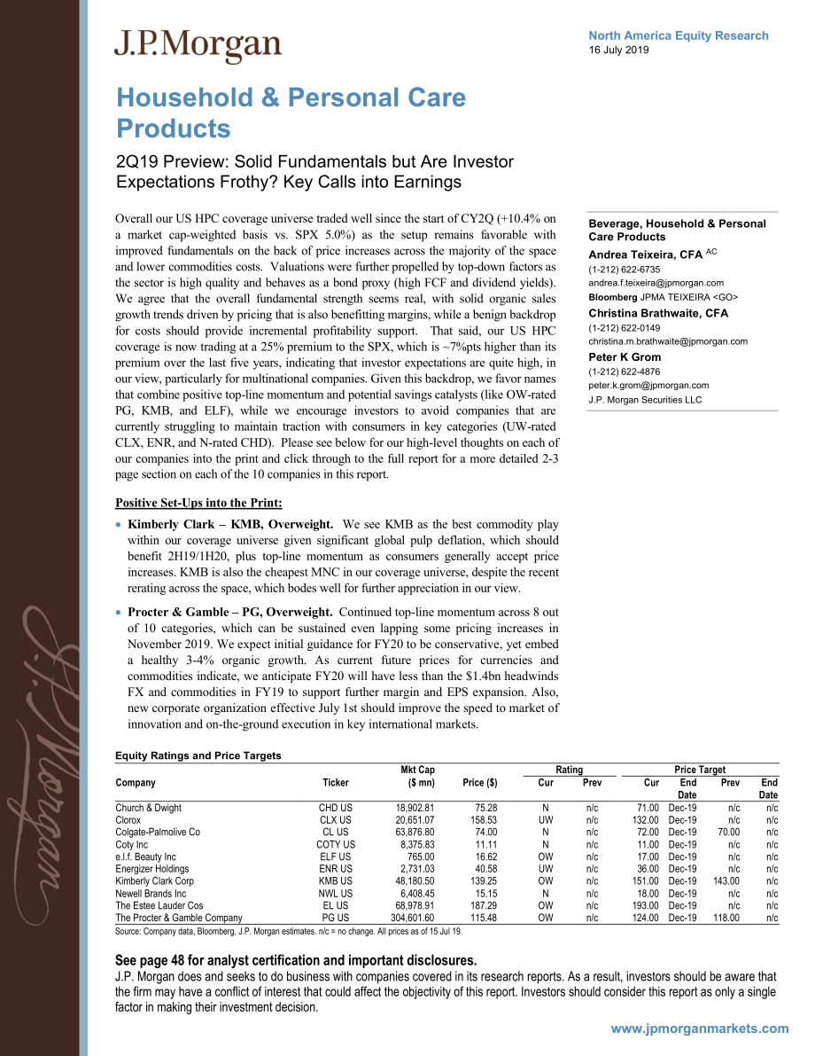 J.P. 摩根-美股-家庭与个人护理行业-2019年Q2家庭与个人护理产品：基本面稳固但投资者的预期存在泡沫吗？-2019.7.16-48页.pdf_第1页