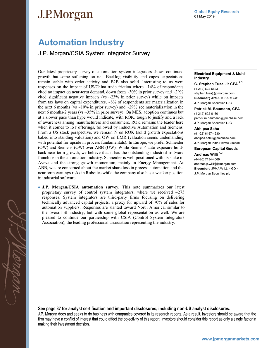 J.P. 摩根-全球-电力设备行业-自动化产业：CSIA系统集成商调查-2019.5.1-43页.pdf_第1页