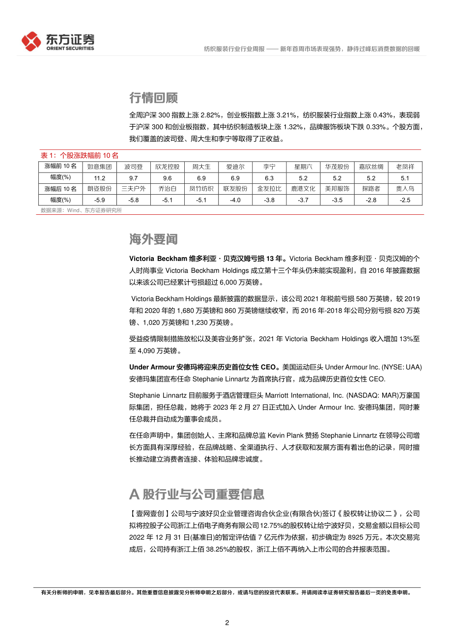 20230109-东方证券-纺织服装行业行业周报：新年首周市场表现强势静待过峰后消费数据的回暖.pdf_第2页