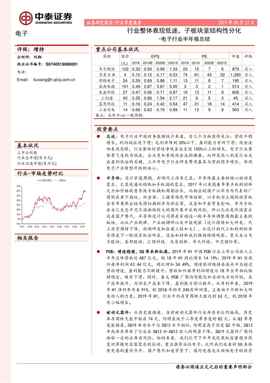 电子行业半年报总结：行业整体表现低迷子板块呈结构性分化-20190922-中泰证券-69页.pdf_第1页