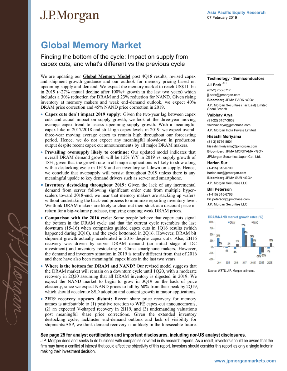 J.P. 摩根-全球-半导体行业-全球存储器市场：资本支出削减对供应的影响以及与前一个周期的不同之处-2019.2.7-29页.pdf_第1页