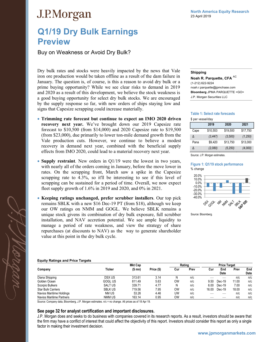 J.P. 摩根-美股-航运业-2019年Q1干散货业绩预览-2019.4.23-34页.pdf_第1页