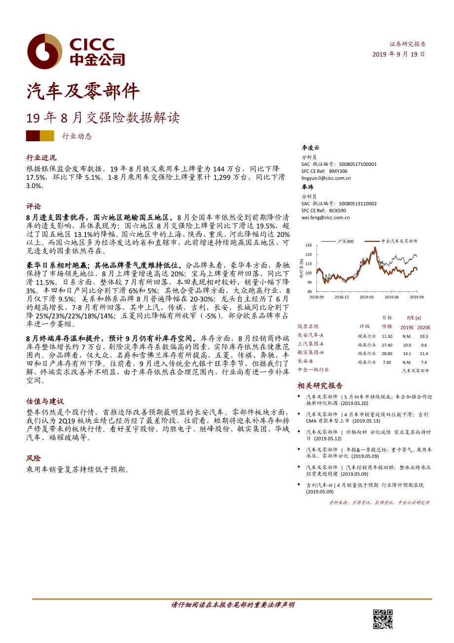 汽车及零部件行业：19年8月份交强险数据解读-20190919-中金公司-14页.pdf_第1页