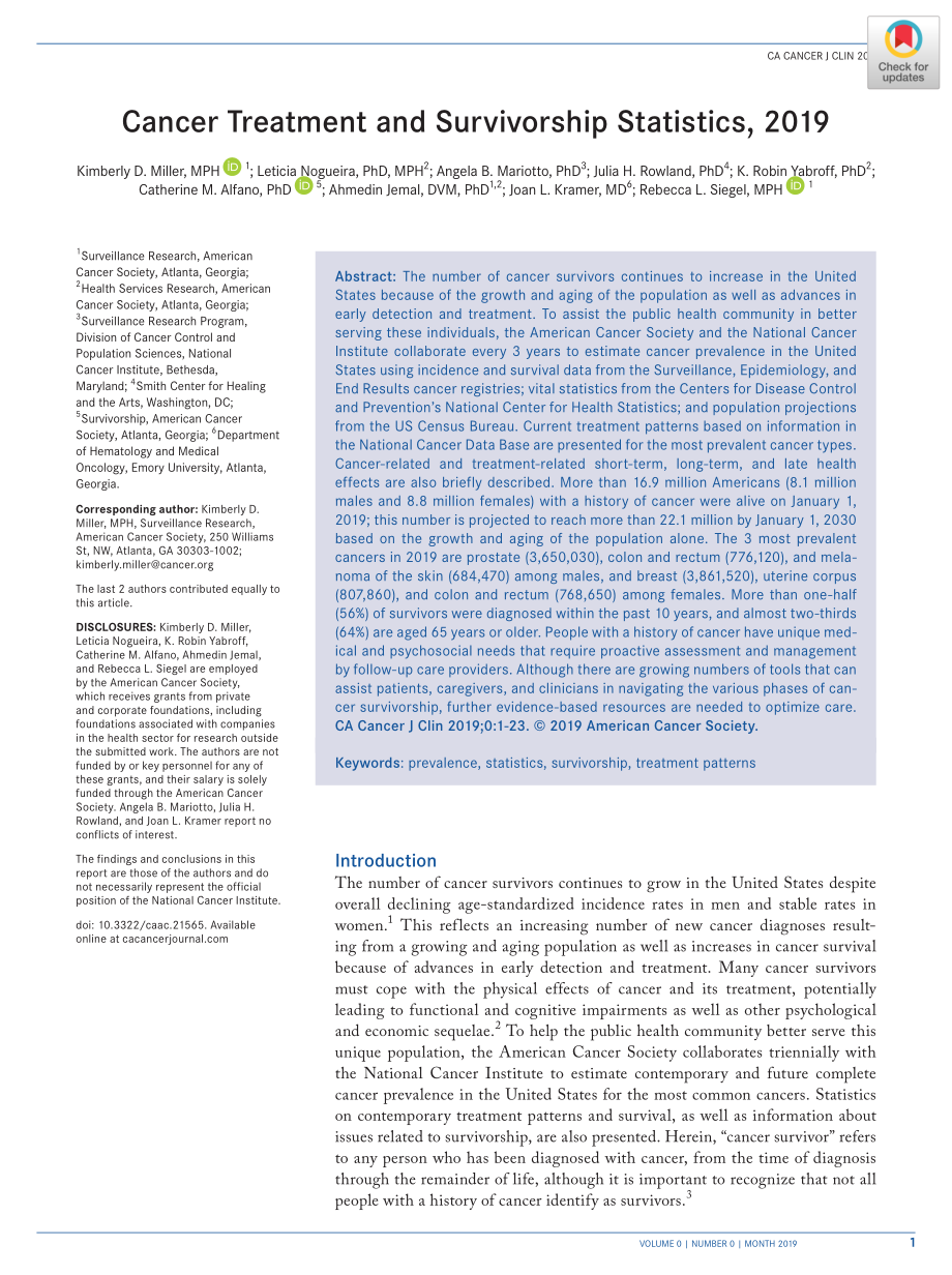 美国2019年癌症治疗与生存统计报告（英文）-2019.6-23页.pdf_第1页