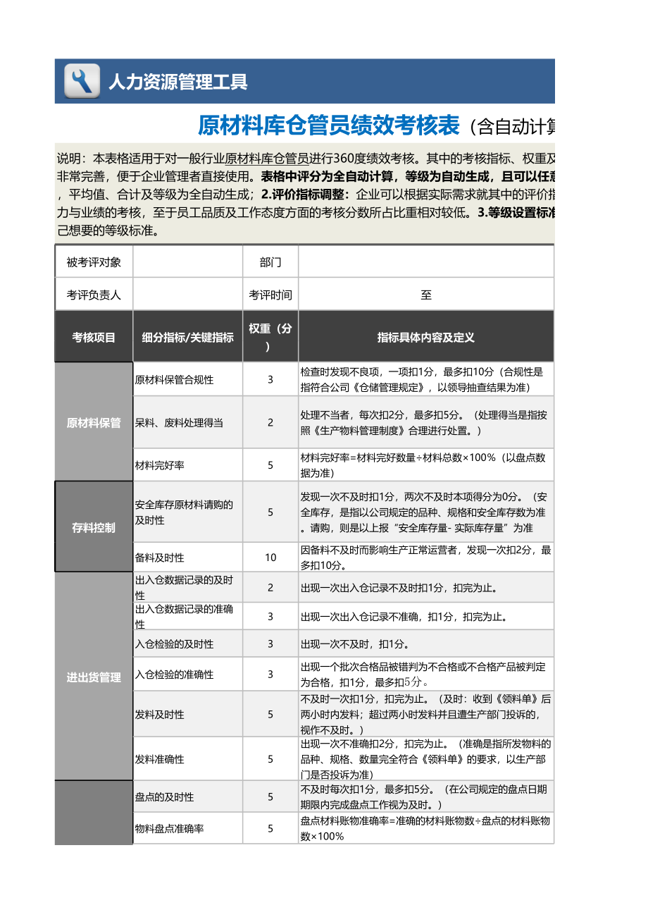 12-10-原材料库仓管员绩效考核表（自动灵活） (2).xlsx_第1页