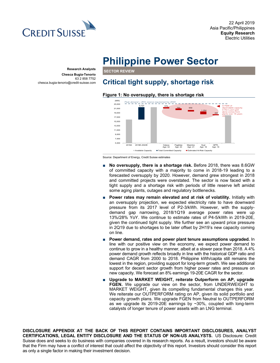 瑞信-亚太地区-电力公用事业行业-菲律宾电力行业：供应严重紧张面临短缺风险-2019.4.22-38页.pdf_第1页