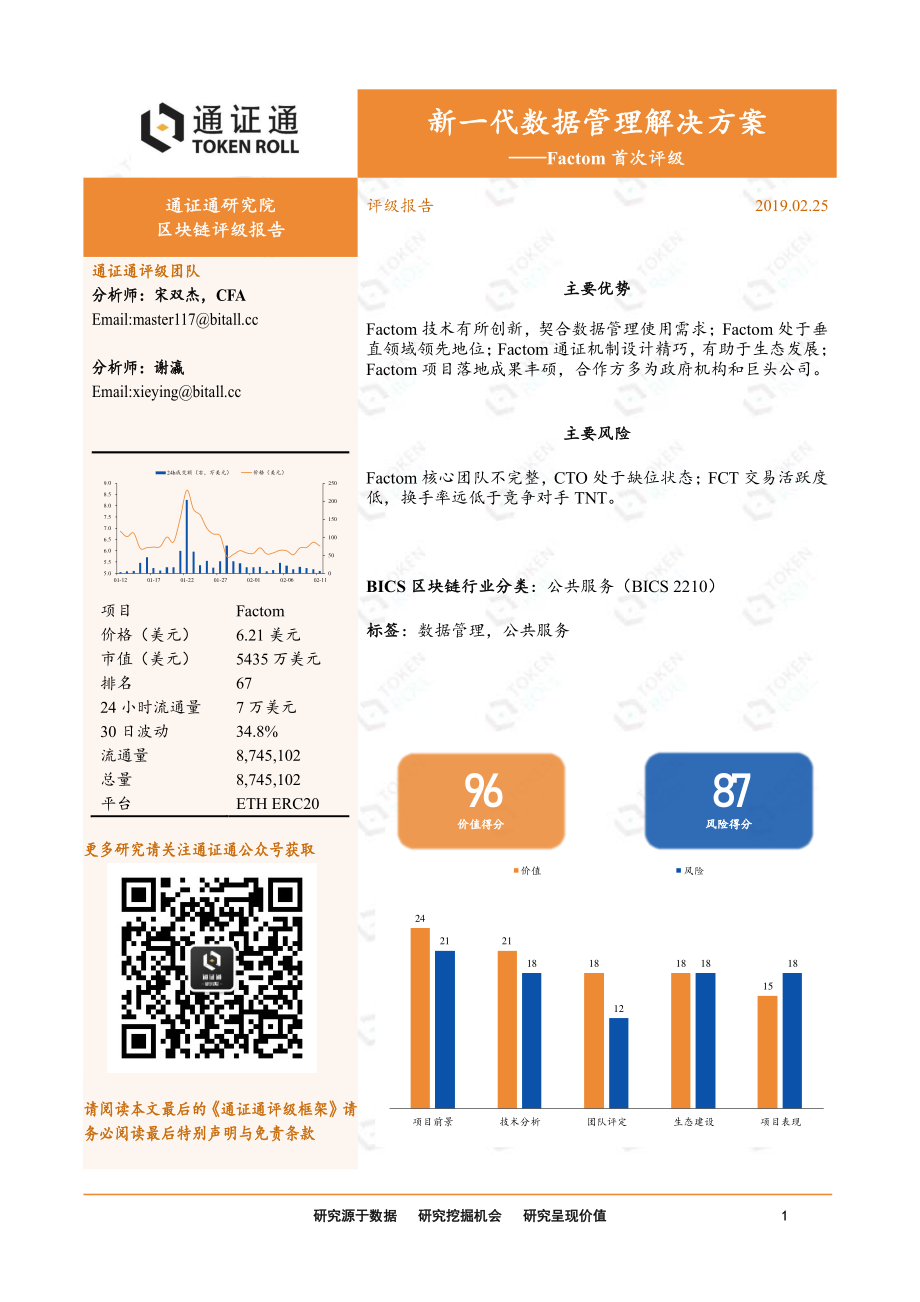 区块链行业评级报告：Factom首次评级新一代数据管理解决方案-20190225-通证通研究院-13页.pdf_第1页