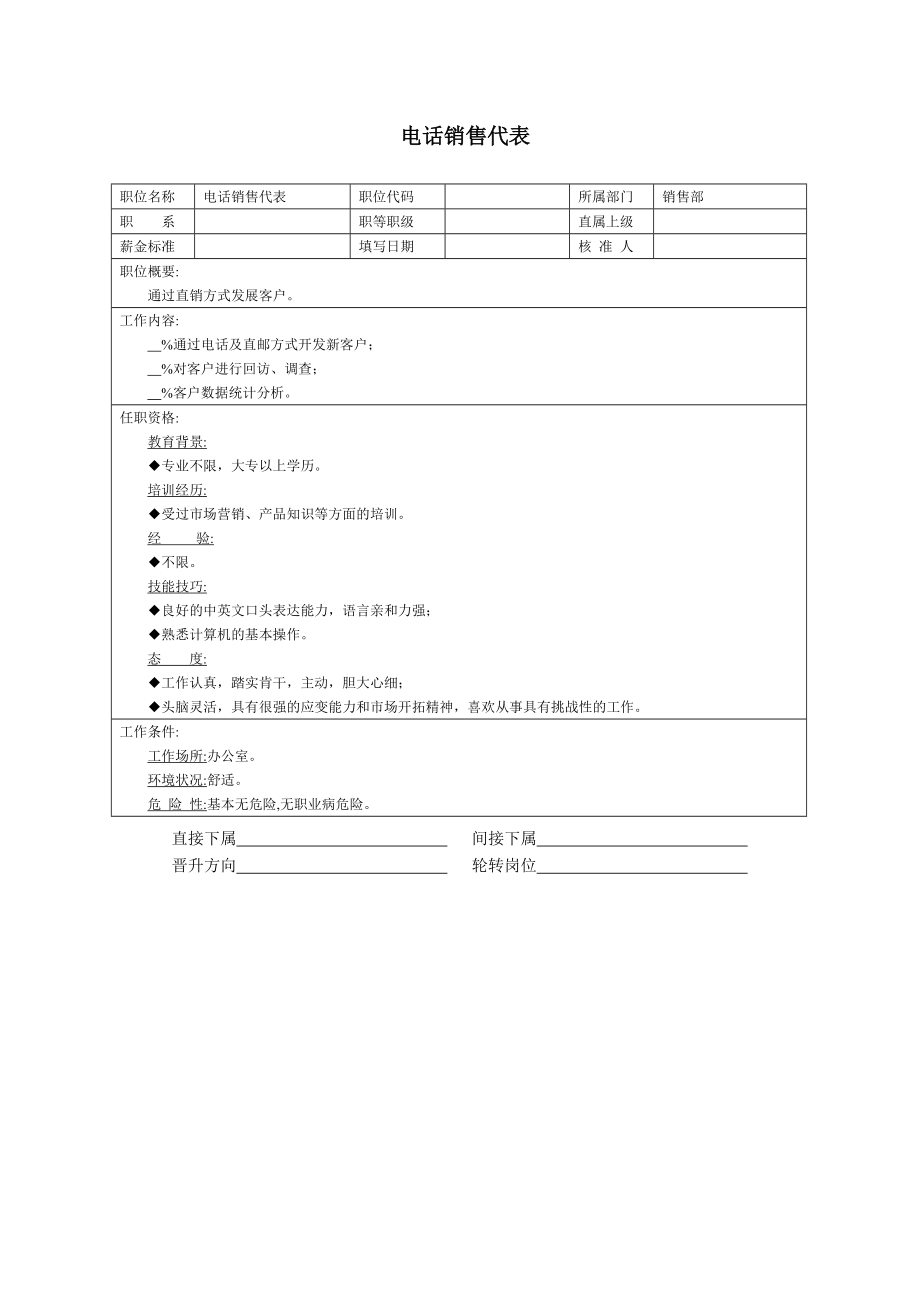 职位说明书：电话销售代表.doc_第1页