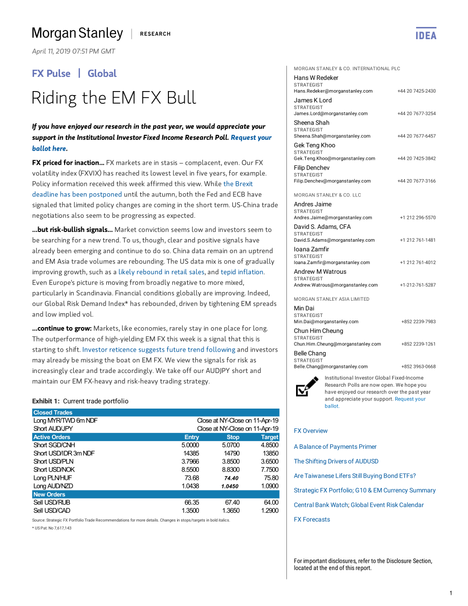 摩根士丹利-全球-外汇策略-全球外汇脉搏：赶上新兴市场的牛市-2019.4.11-38页.pdf_第1页