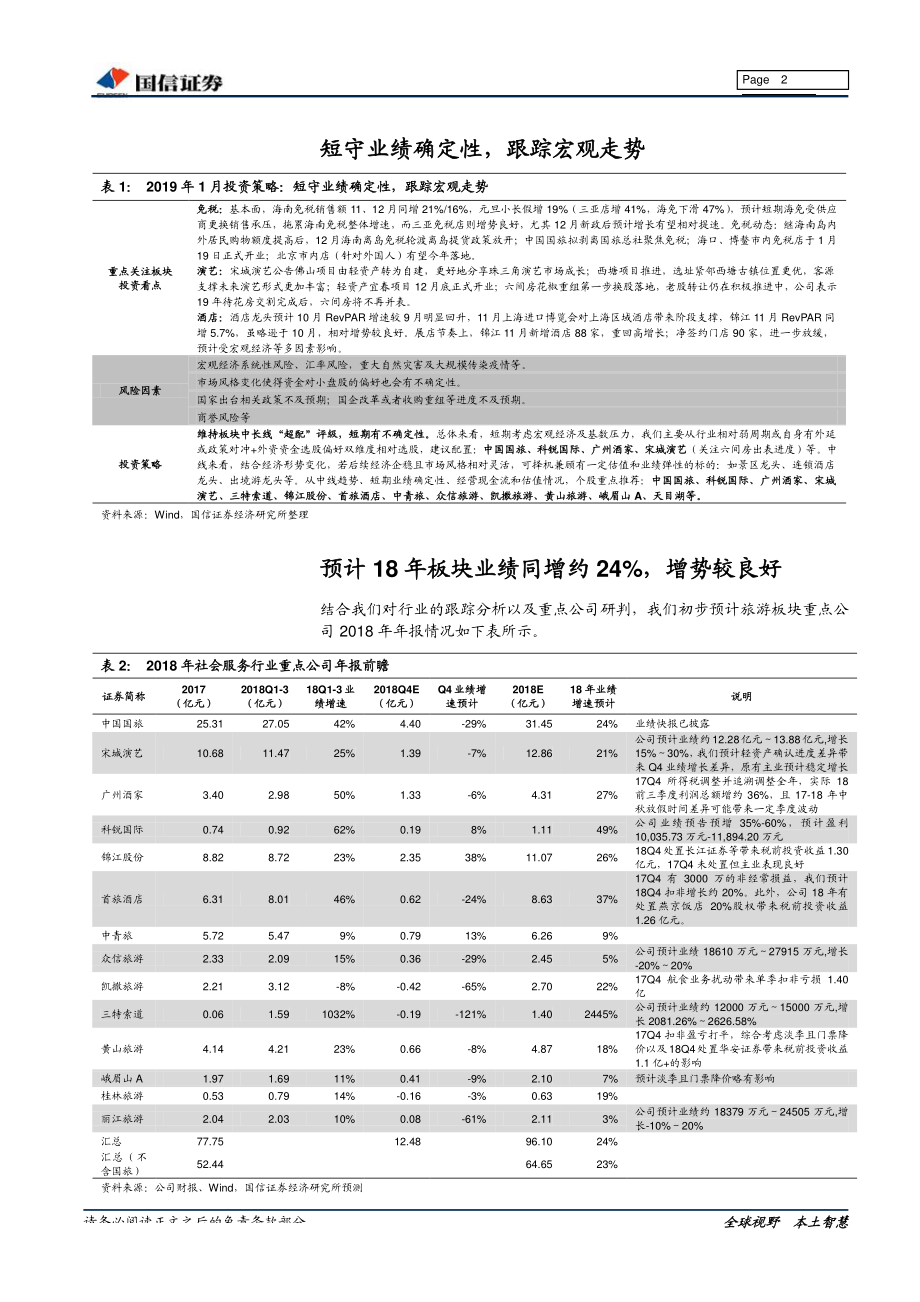 社会服务行业1月投资策略：短守业绩确定性跟踪宏观走势-20190129-国信证券-19页.pdf_第3页