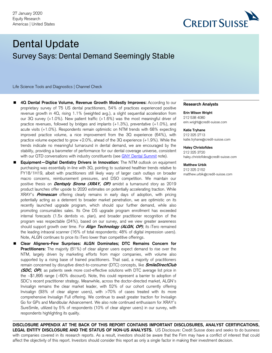 瑞信-美股-医疗保健行业-美国牙医调查：牙医需求似乎稳定-2020.1.27-48页.pdf_第1页