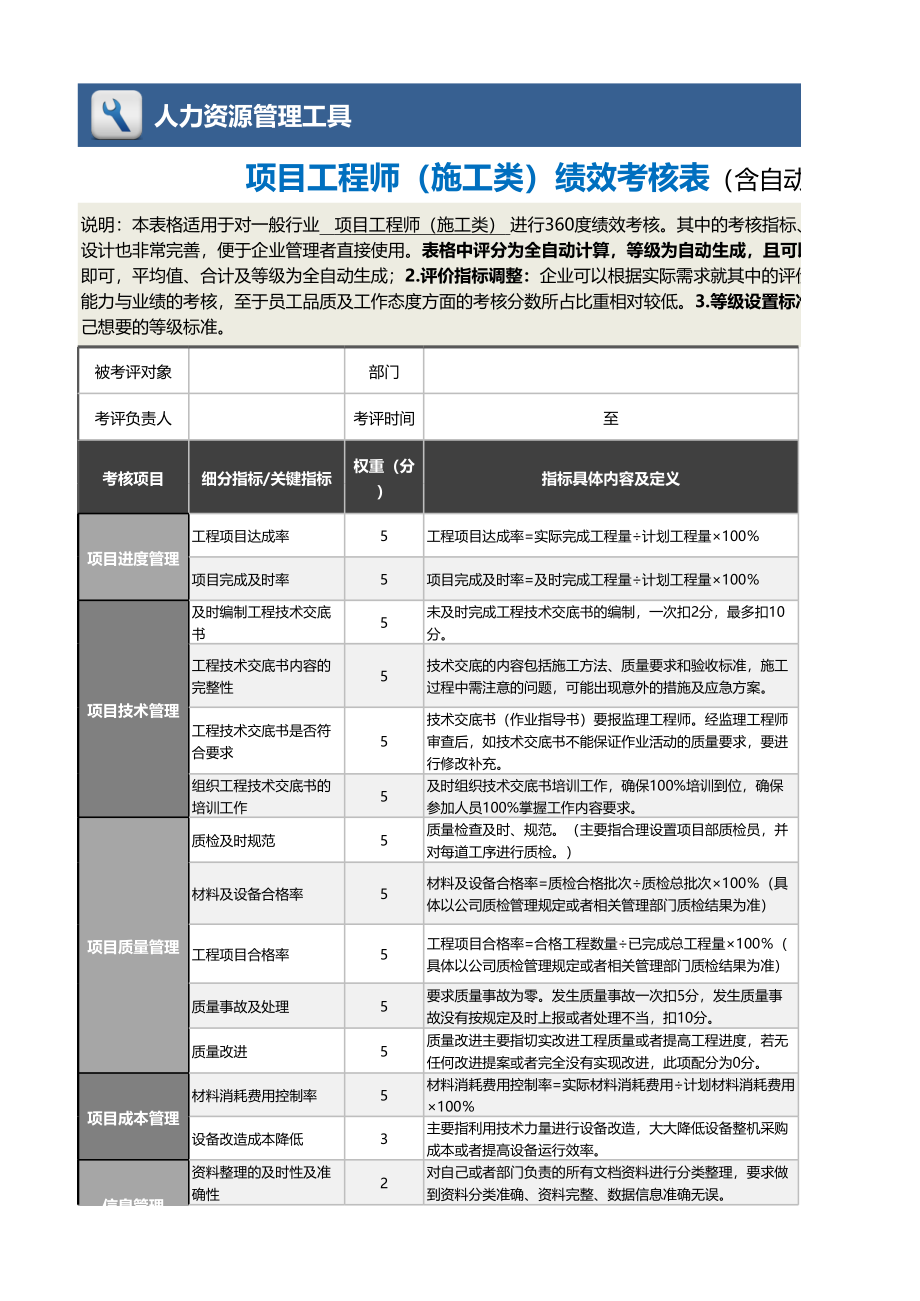 08-3-项目工程师（施工类）绩效考核表（含自动计算及等级评价） (2).xlsx_第1页