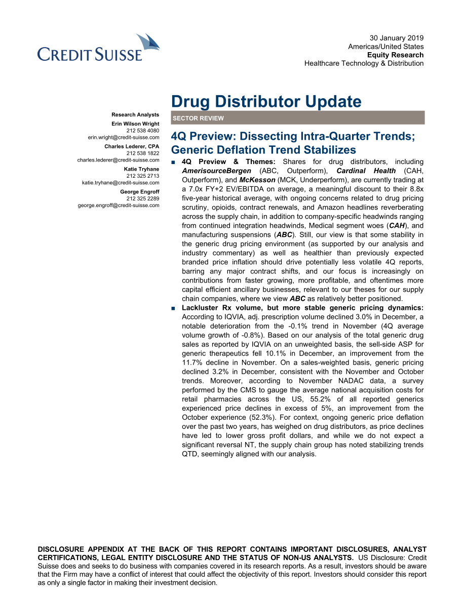 瑞信-美股-医疗保健行业-Q4美国药品分发预览：季度趋势剖析-2019.1.30-22页.pdf_第1页