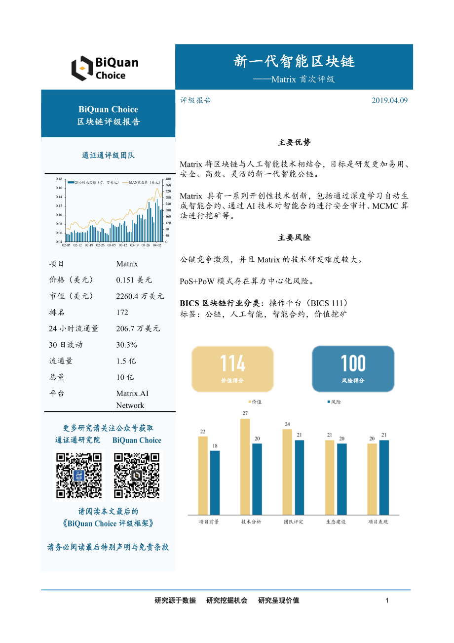 区块链行业Matrix首次评级：新一代智能区块链-20190409-通证通研究院-14页.pdf_第1页