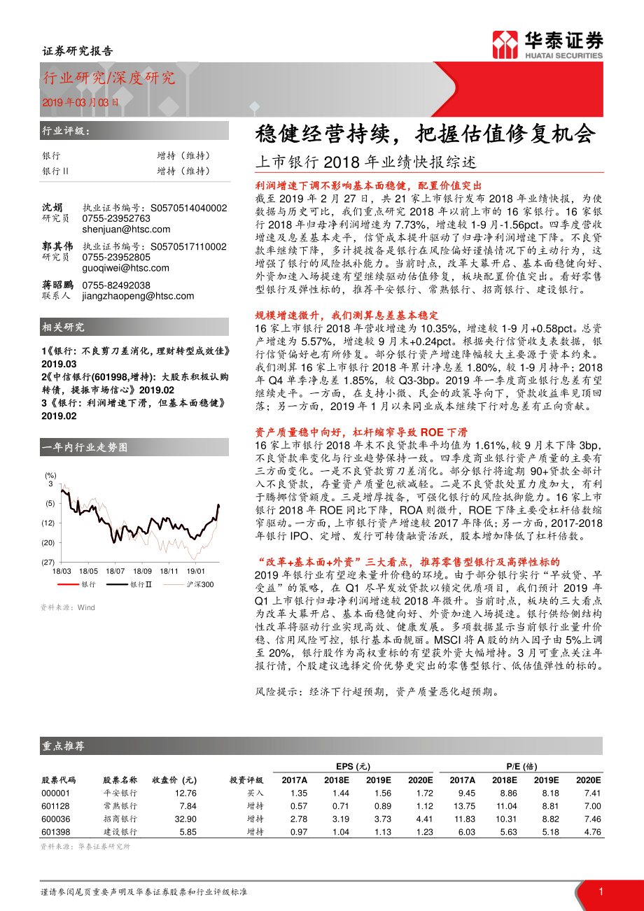 银行业上市银行2018年业绩快报综述：稳健经营持续把握估值修复机会-20190303-华泰证券-15页.pdf_第1页