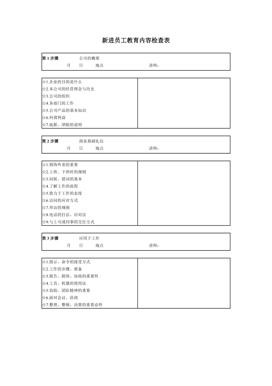 新进员工教育内容检查表 (2).doc_第1页