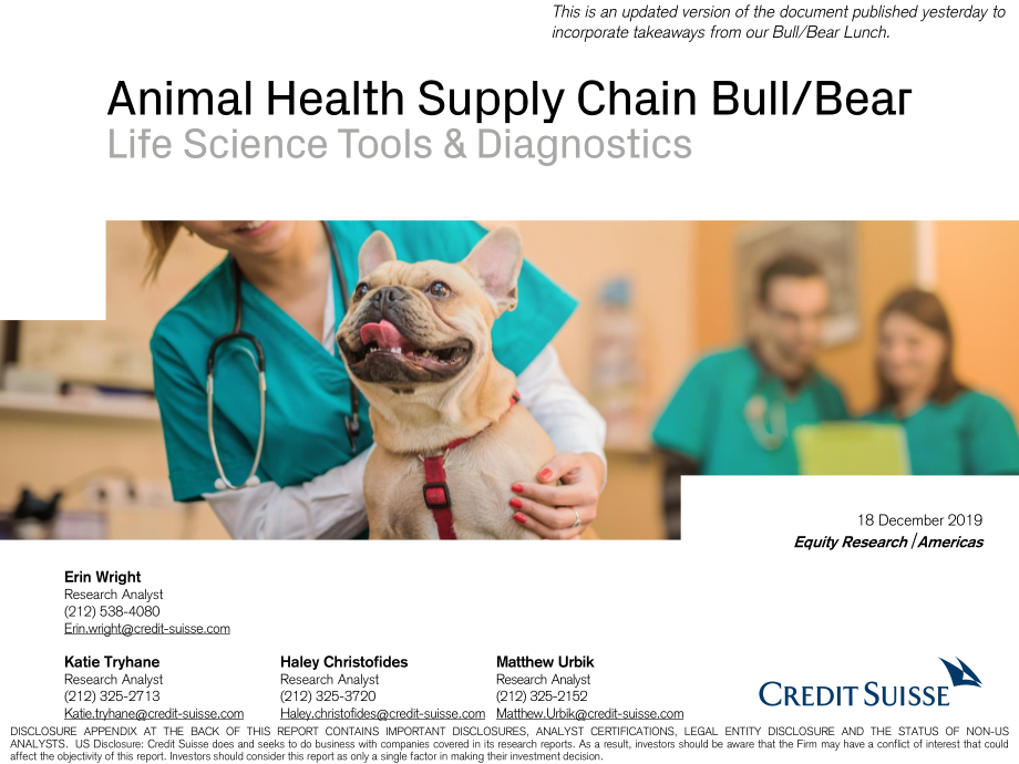 瑞信-美股-医疗保健行业-兽医供应链的牛与熊：生命科学工具与诊断-2019.12-55页.pdf_第1页
