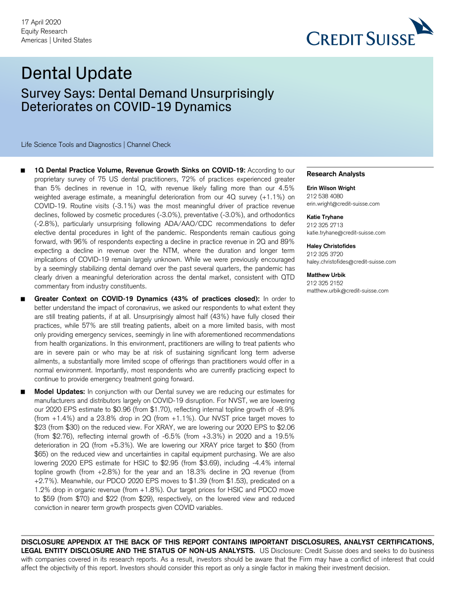 瑞信-美股-医疗行业-牙医调查显示：COVID-19背景下牙医需求量的下降并不令人意外-2020.4.17-61页.pdf_第1页
