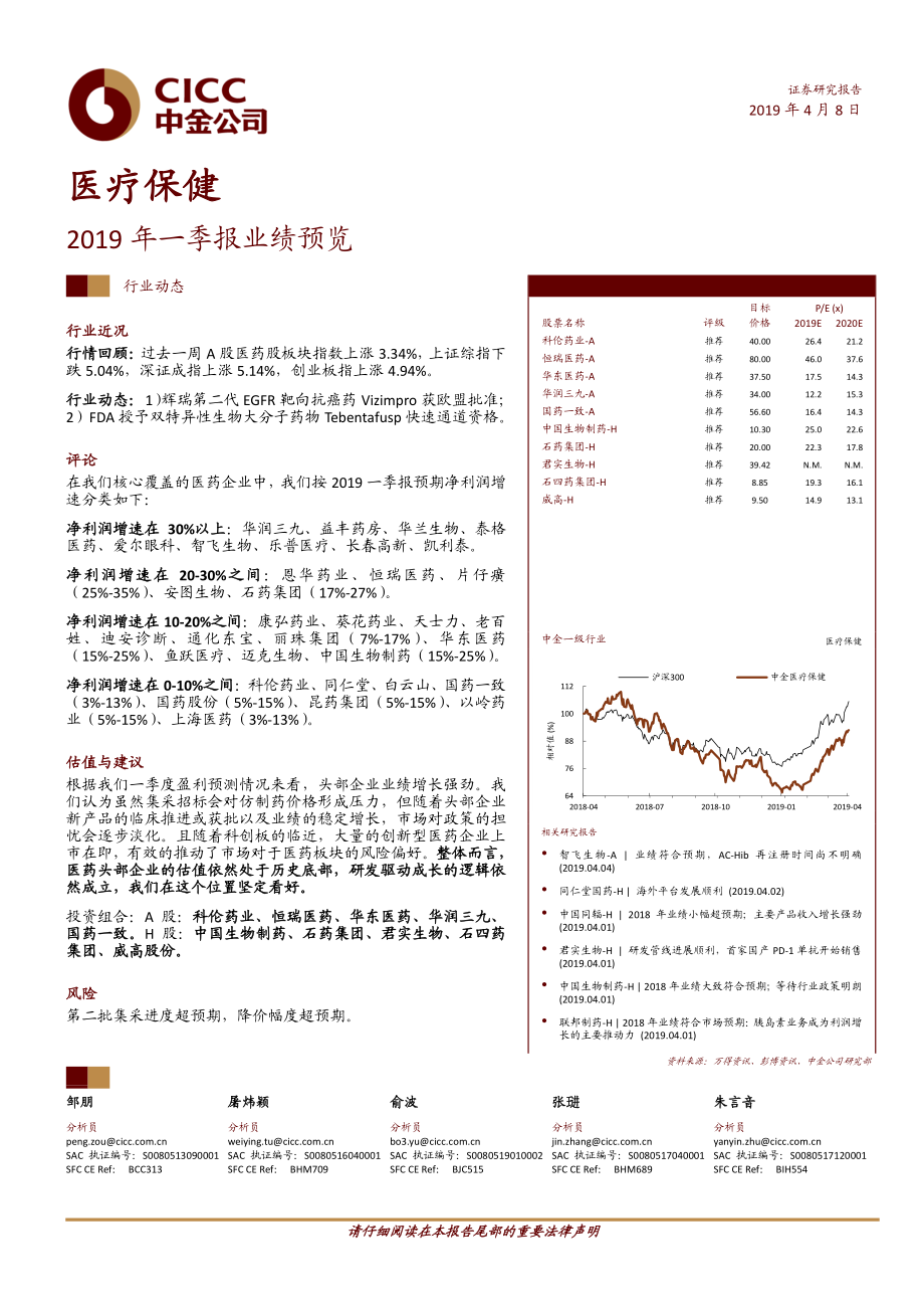 医疗保健行业：2019年一季报业绩预览-20190408-中金公司-16页.pdf_第1页