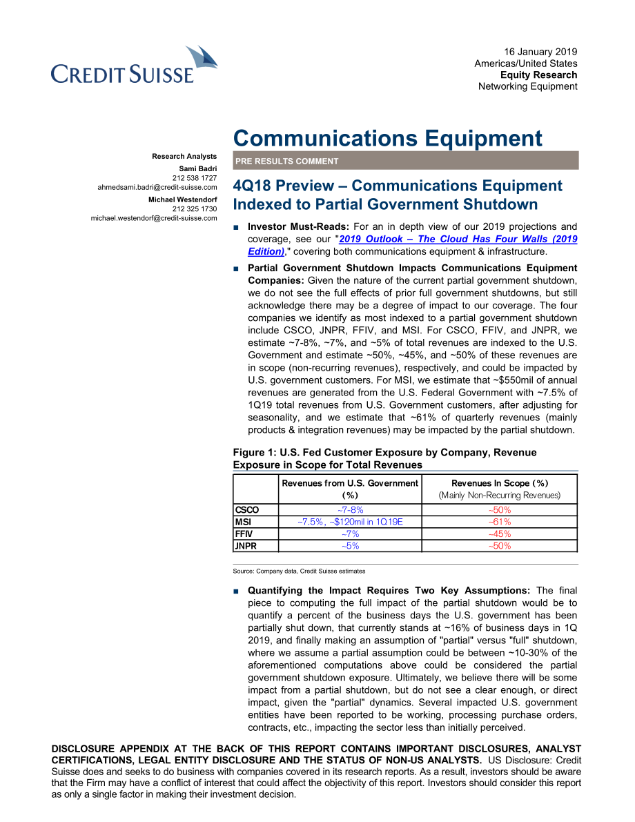 瑞信-美股-通讯设备行业-美国通讯设备行业2018年Q4预览-2019.1.16-41页.pdf_第1页