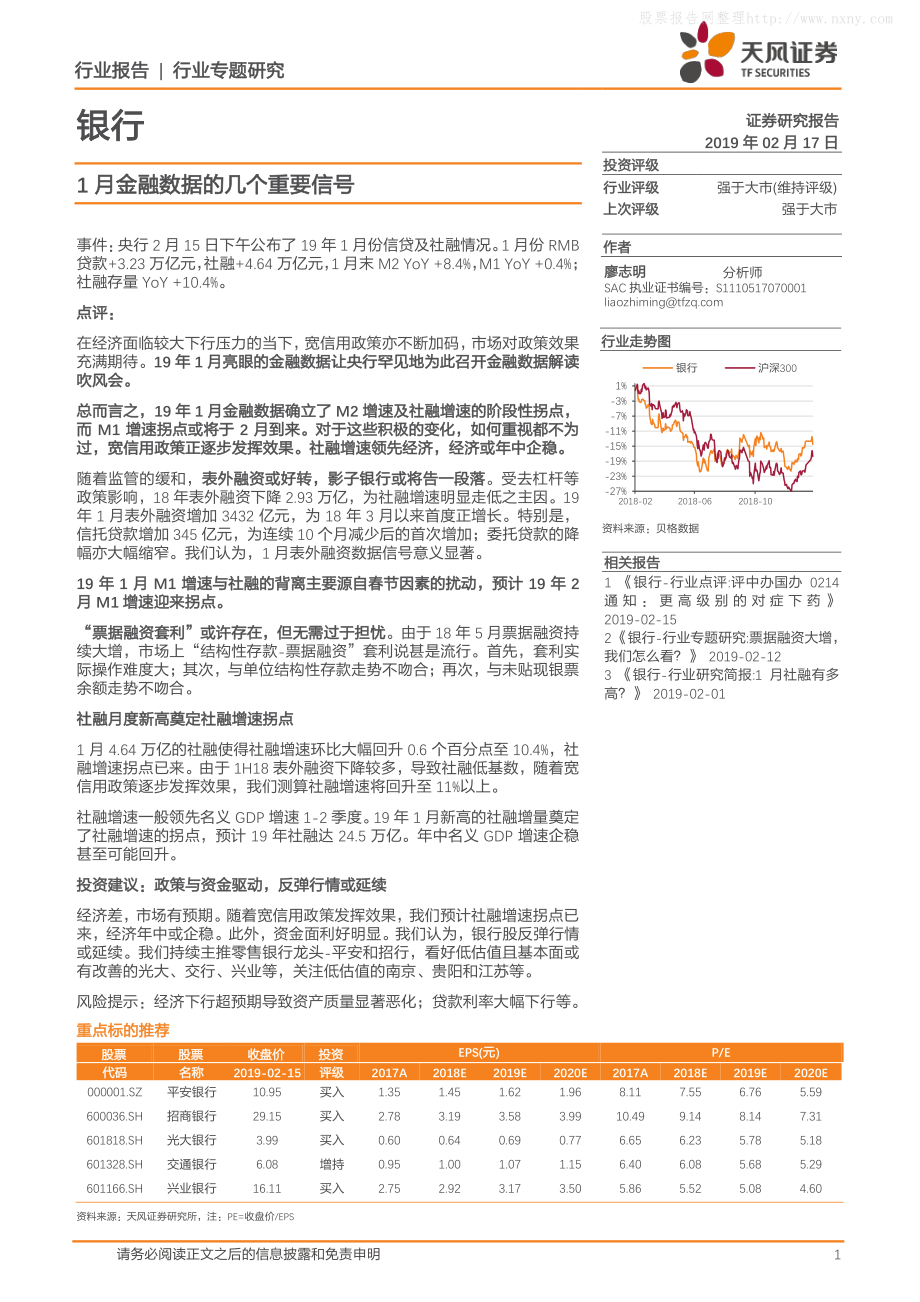 银行业专题研究：1月金融数据的几个重要信号-20190217-天风证券-15页.pdf_第1页